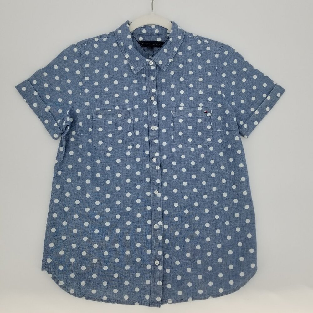 NWT Tommy Hilfiger Short Sleeved Button Down Shirt - Denim w/ white polka dots M